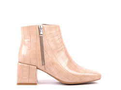 High-heeled ankle boots in taupe leather with croco effect