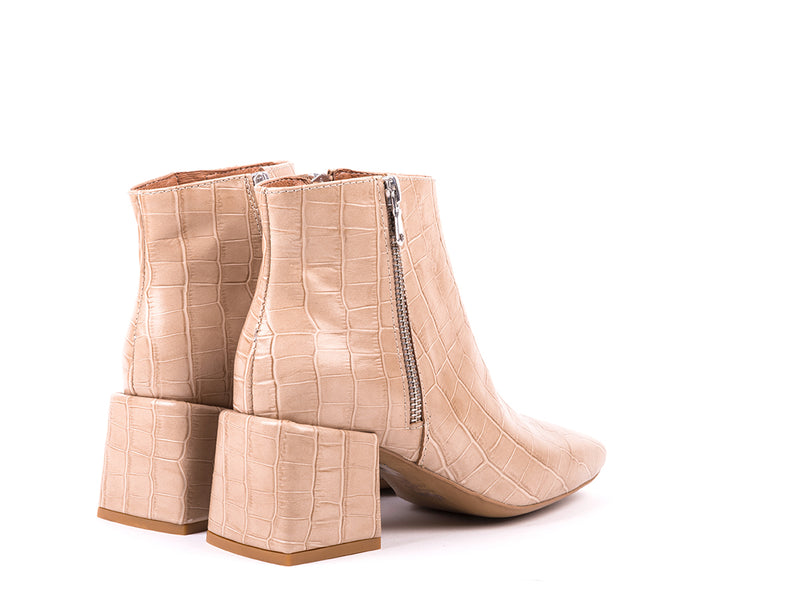 High-heeled ankle boots in taupe leather with croco effect
