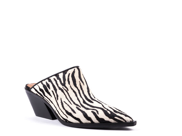 High-heeled mules in zebra fur