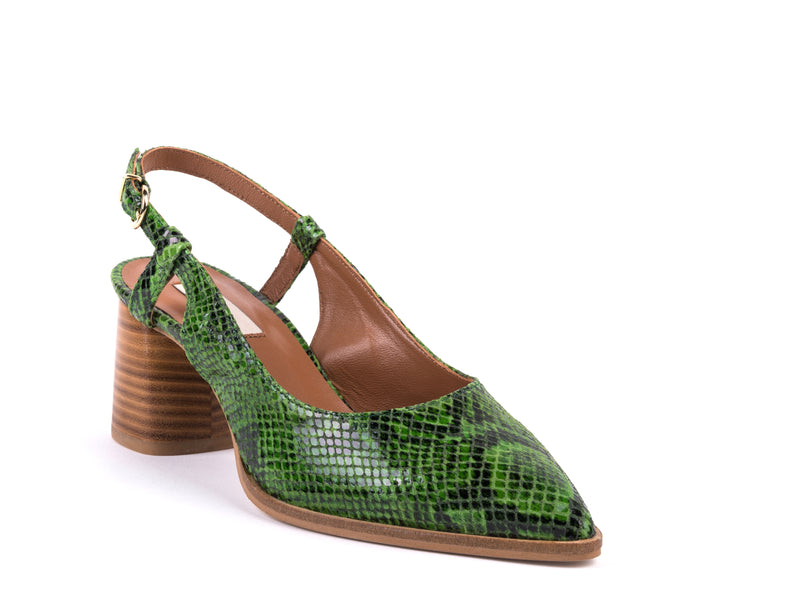 Medium-heeled slingbacks in green snake skin leather