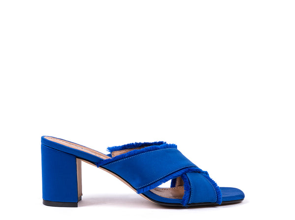 Blue satin high-heeled mules