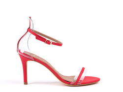 High-heeled sandals in red leather and vinyl