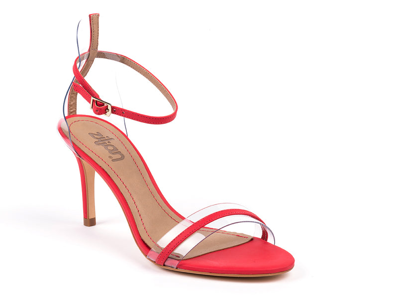 High-heeled sandals in red leather and vinyl