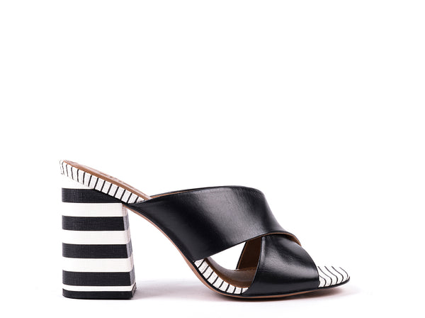 Black and white leather high-heeled mules