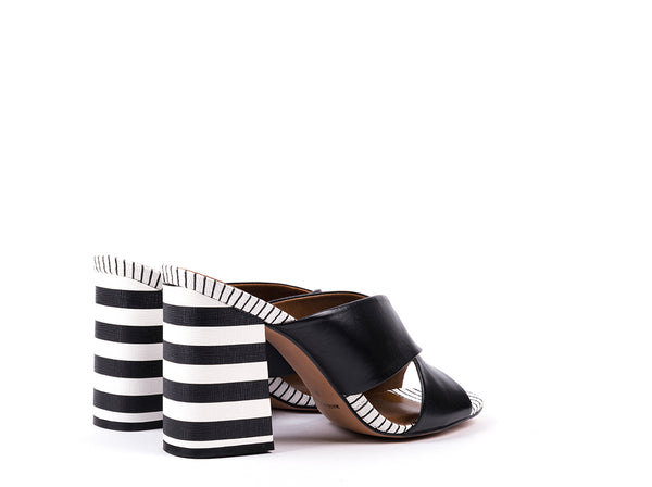 Black and white leather high-heeled mules