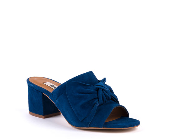 Navy blue suede high-heeled mules