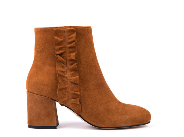 High-heeled ankle boots in camel suede