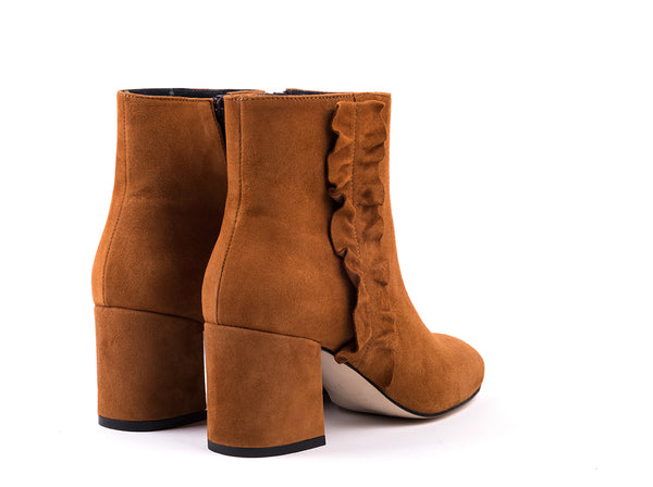 High-heeled ankle boots in camel suede