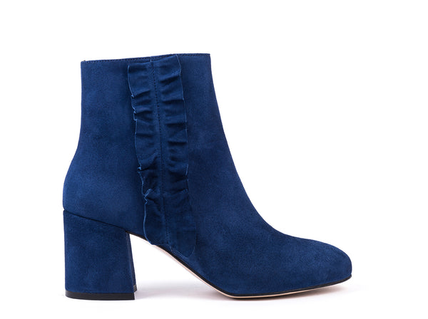 Navy blue suede high-heeled ankle boots