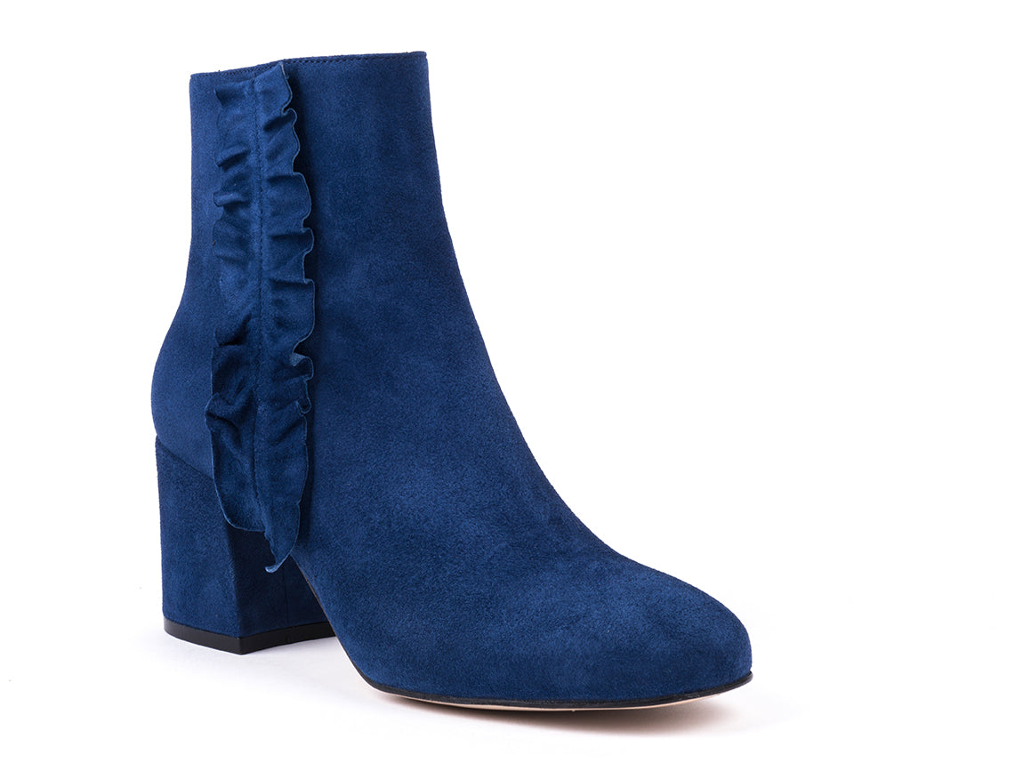 Navy blue suede high-heeled ankle boots