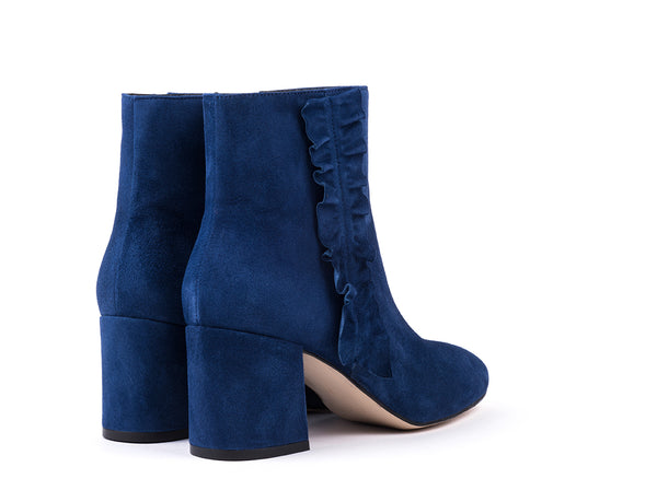 Navy blue suede high-heeled ankle boots