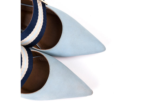 Mid-heeled slingbacks in old blue nubuck