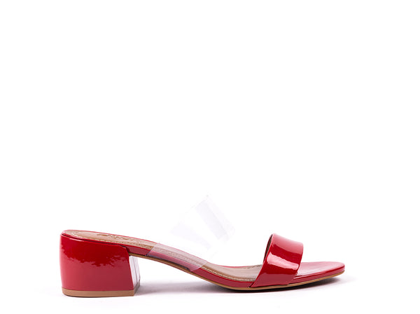 Red patent leather mid-heeled mules