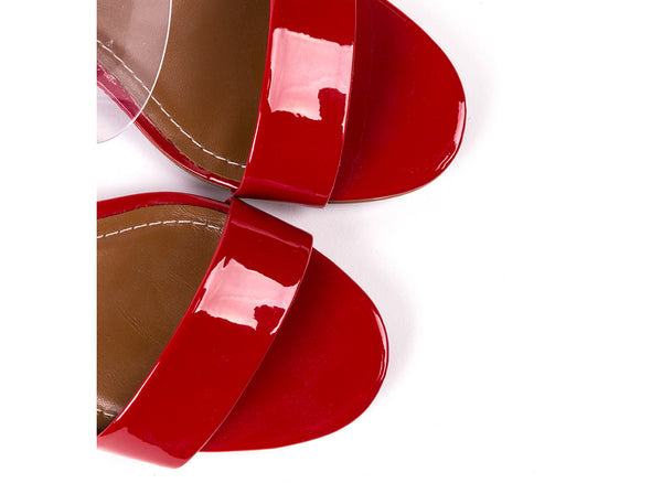 Red patent leather mid-heeled mules