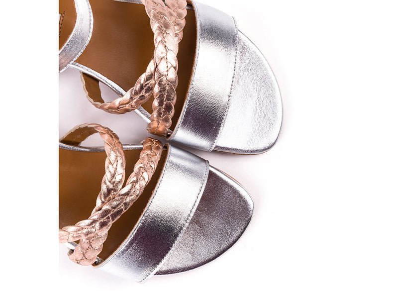 Silver leather flat sandals with braided details