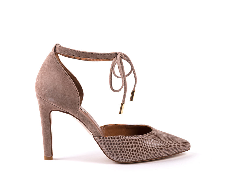 ​High-heeled shoes in engraved taupe leather and suede