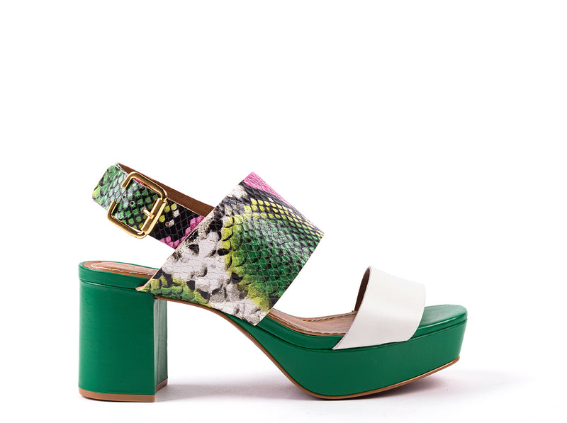 ​High-heeled sandals in green snake pattern engraved leather