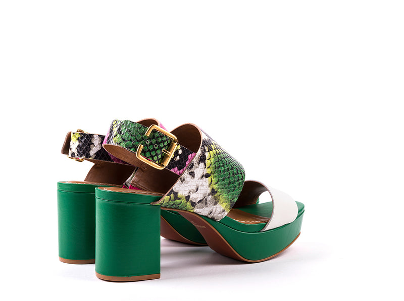 ​High-heeled sandals in green snake pattern engraved leather