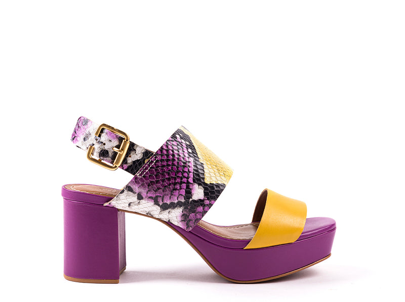 ​High-heeled sandals in lilac, yellow and snake pattern engraved leather