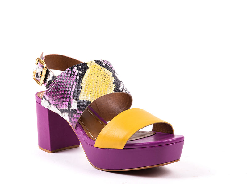 ​High-heeled sandals in lilac, yellow and snake pattern engraved leather