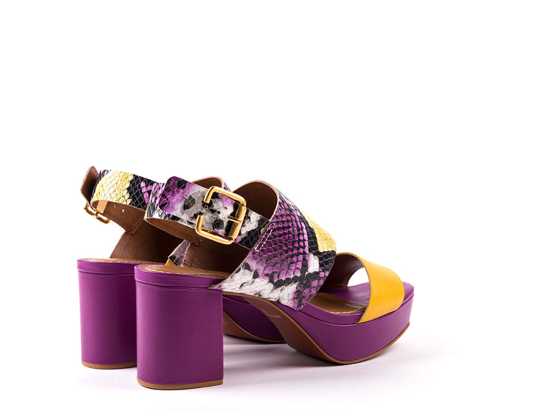 ​High-heeled sandals in lilac, yellow and snake pattern engraved leather