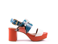 ​High-heeled sandals in orange and snake pattern engraved leather