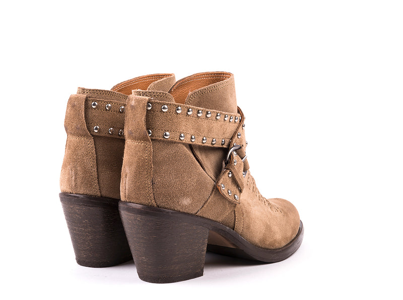 High-heeled ankle boots in taupe croute