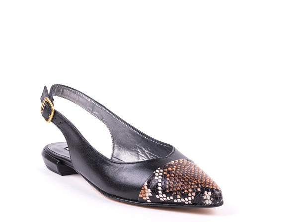 Flat slingbacks in black and brown snake leather