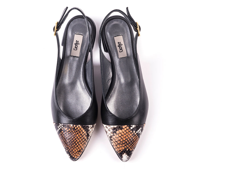 Flat slingbacks in black and brown snake leather