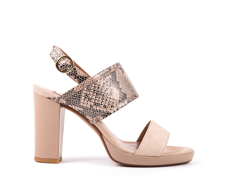 ​High helled sandals in beige engraved leather and suede