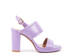 High helled sandals in lilac engraved leather