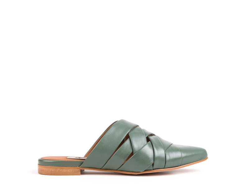 ​Flat mules in green leather