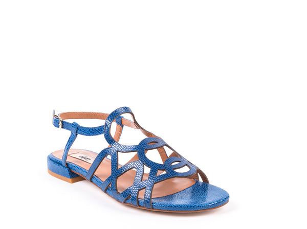 ​Flat sandals in blue engraved leather
