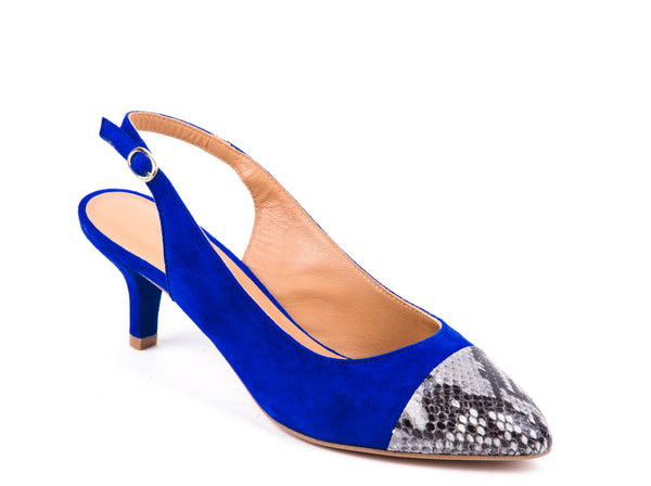 ​Medium-heeled blue suede slingbacks