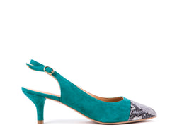 ​Medium-heeled green suede slingbacks