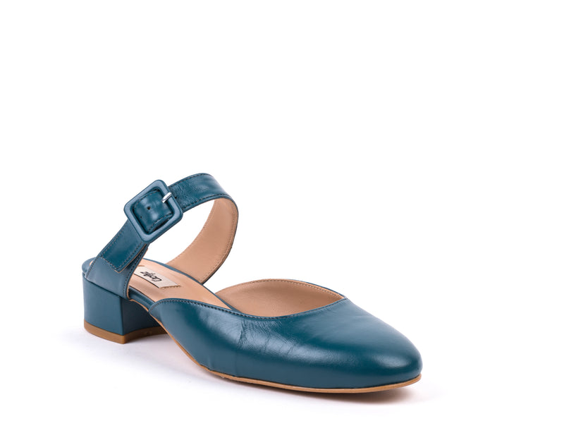 Medium heel leather mules in oil blue
